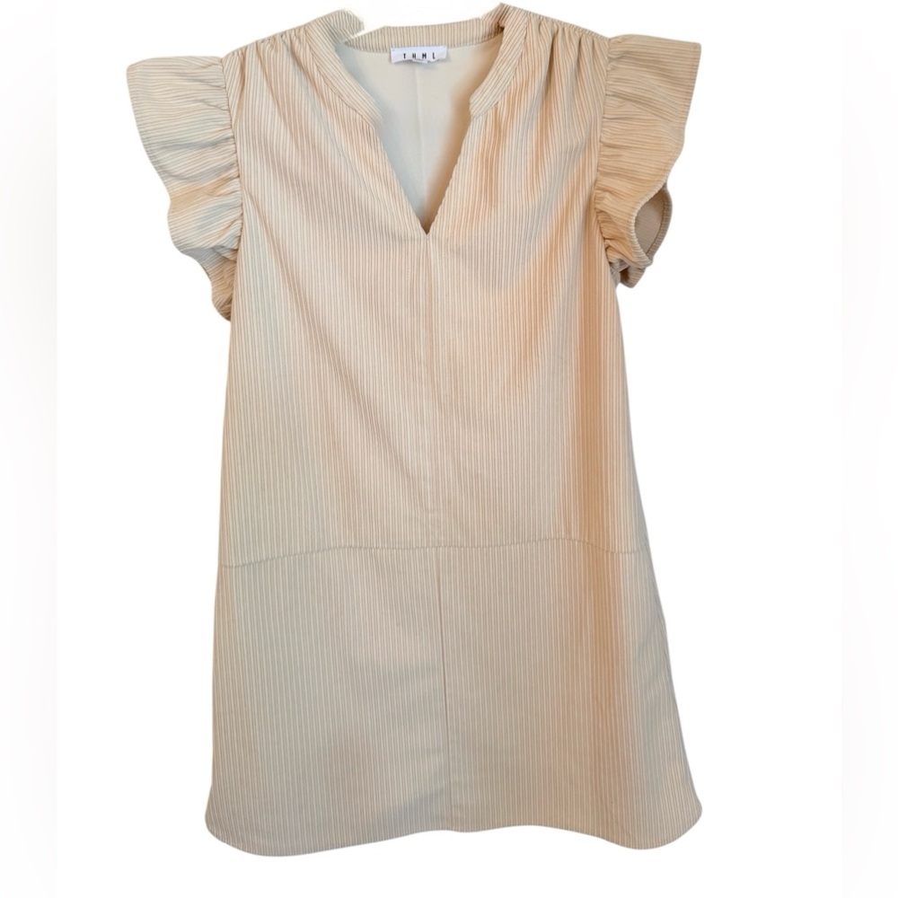 THML Cream V-Neck Shift Dress with Ruffle Sleeves Size Small - Picture 3 of 10
